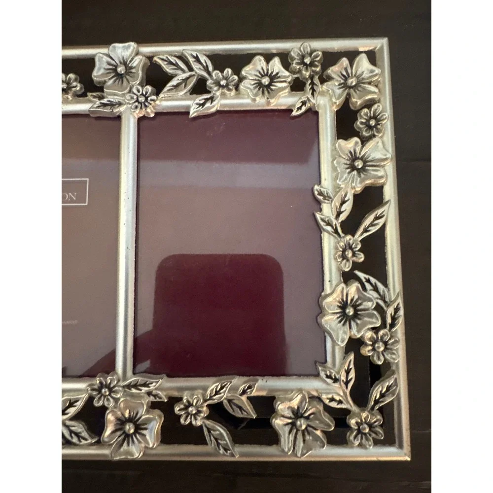 Austin Collection Silver Floral Double Picture Frame Ornate Metal 2 Opening 6x5